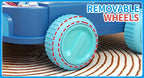 Close-up of blue STEM toy car with removable wheels feature highlighted