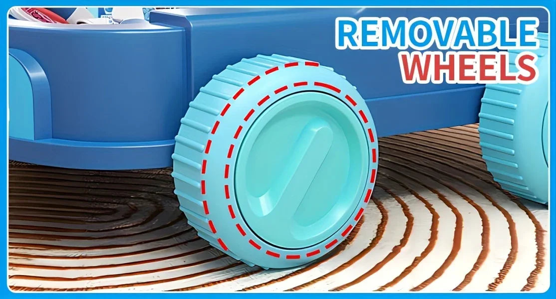 Close-up of blue STEM toy car with removable wheels feature highlighted