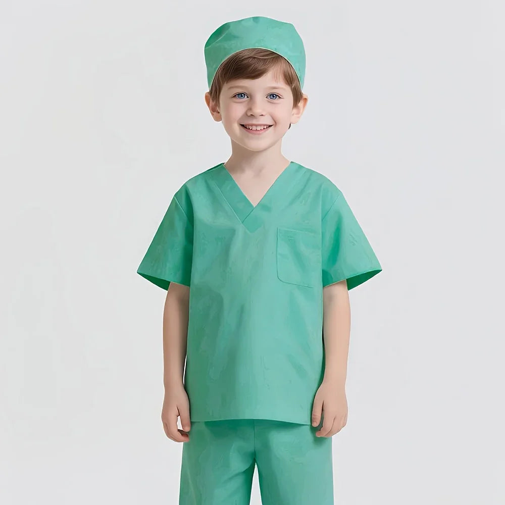 Smiling child wearing green doctor costume for kids, ideal STEM toy or science dress up play.