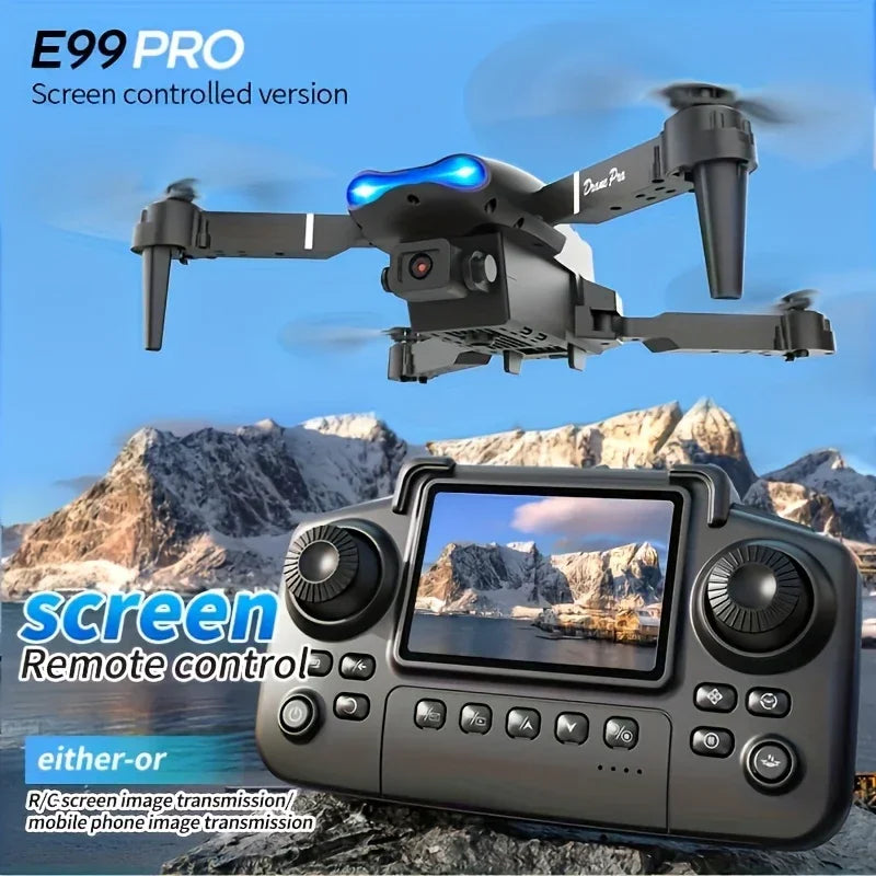 E99 Pro drone with camera flying over snowy mountains, remote control screen showing live video feed.
