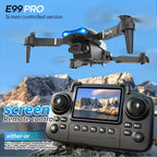E99 Pro drone with camera flying over snowy mountains, remote control screen showing live video feed.
