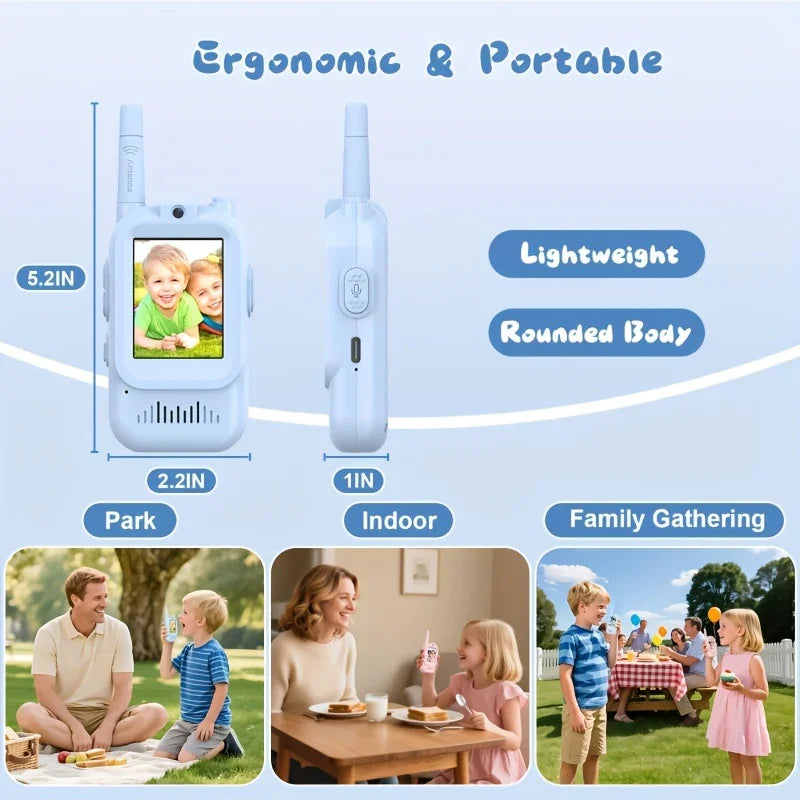 Lightweight ergonomic walkie talkie for kids, rounded design, ideal for park, indoor, and family gatherings.