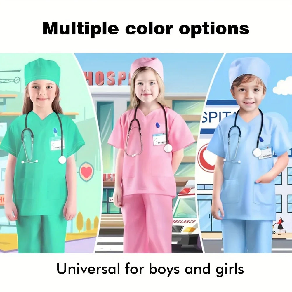 Kids wearing green, pink, and blue doctor play costumes with stethoscopes, hospital background