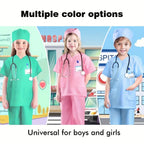 Kids wearing green, pink, and blue doctor play costumes with stethoscopes, hospital background