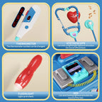 STEM toy medical kit with toy thermometer, stethoscope, red flashlight, and AED for kids.