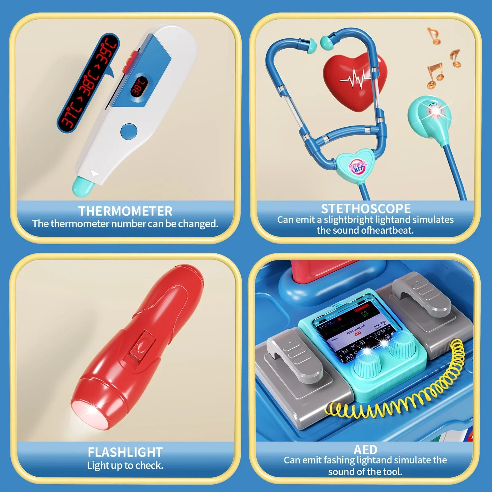 STEM toy medical kit with toy thermometer, stethoscope, red flashlight, and AED for kids.