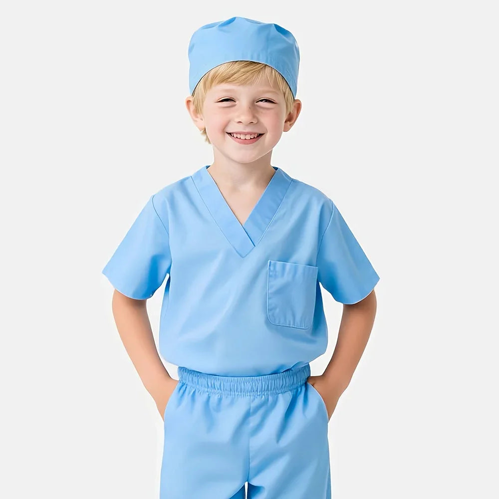 Smiling child in light blue doctor costume with hat, ideal for STEM role play or science learning.