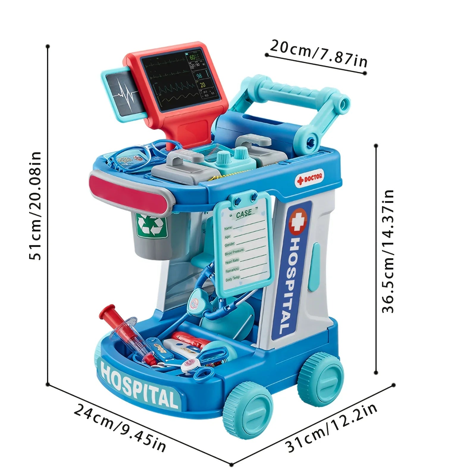 STEM doctor playset toy hospital cart for kids with medical tools and measurement labels