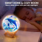 Colorful dolphin nightlight on wooden stand beside sleeping child in cozy bedroom