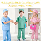 Kids wearing doctor dress up sets and nurse costumes, holding toy medical kit and syringe, playing together indoors.