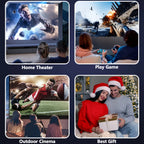 Collage showing home theater, gaming, outdoor cinema, and Christmas gift scenes with projectors.
