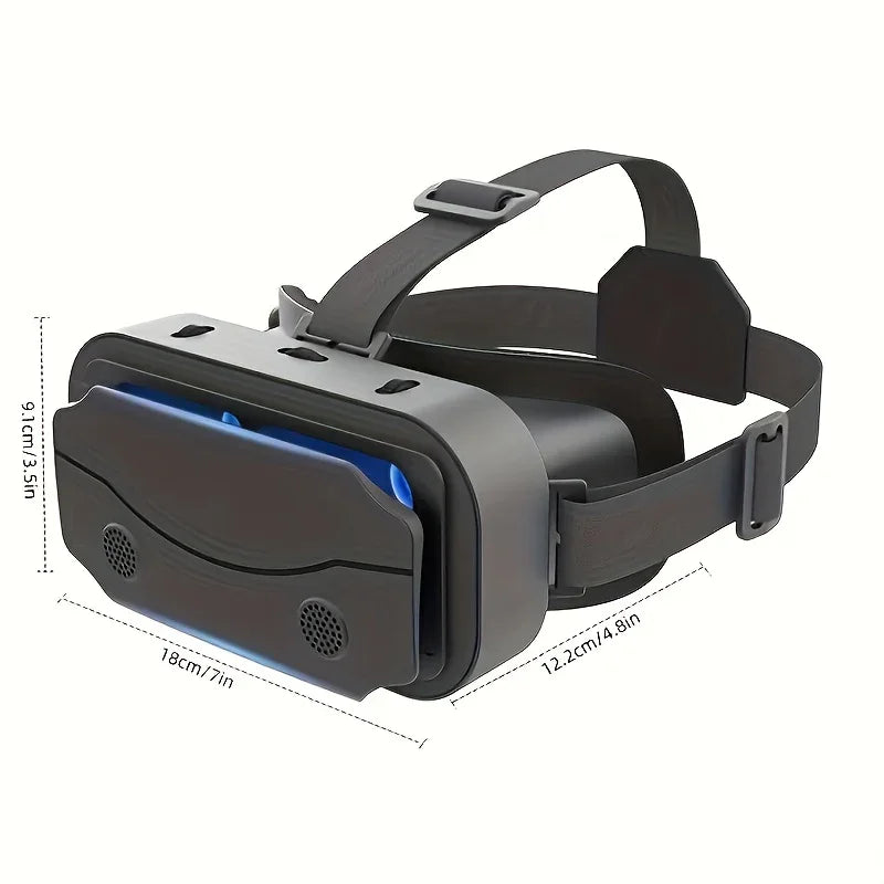 Virtual reality headset with adjustable straps, black design, and dimension measurements