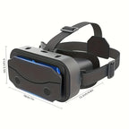 Virtual reality headset with adjustable straps, black design, and dimension measurements