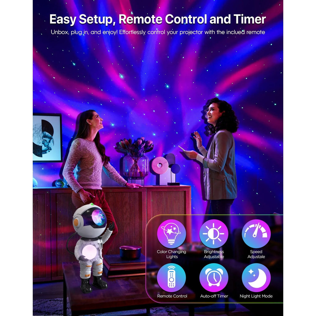 Two women enjoy a galaxy light projector with color-changing lights, remote control, and timer.