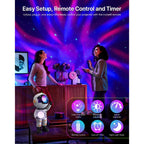 Two women enjoy a galaxy light projector with color-changing lights, remote control, and timer.