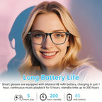 Woman wearing smart glasses, long battery life feature, tech accessory, battery icons, sunlight setting