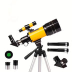 Yellow and black beginner telescope with tripod and accessories for kids and astronomy enthusiasts