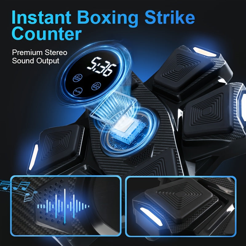 Electronic boxing strike counter with LED display, sound output, and illuminated strike pads