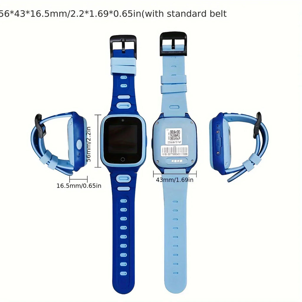 Blue kids smartwatch with adjustable strap shown from multiple angles and size dimensions