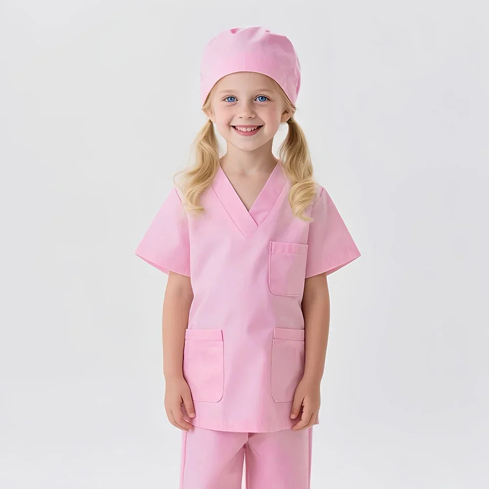 Smiling girl in pink science lab uniform with cap, promoting STEM and science learning toys