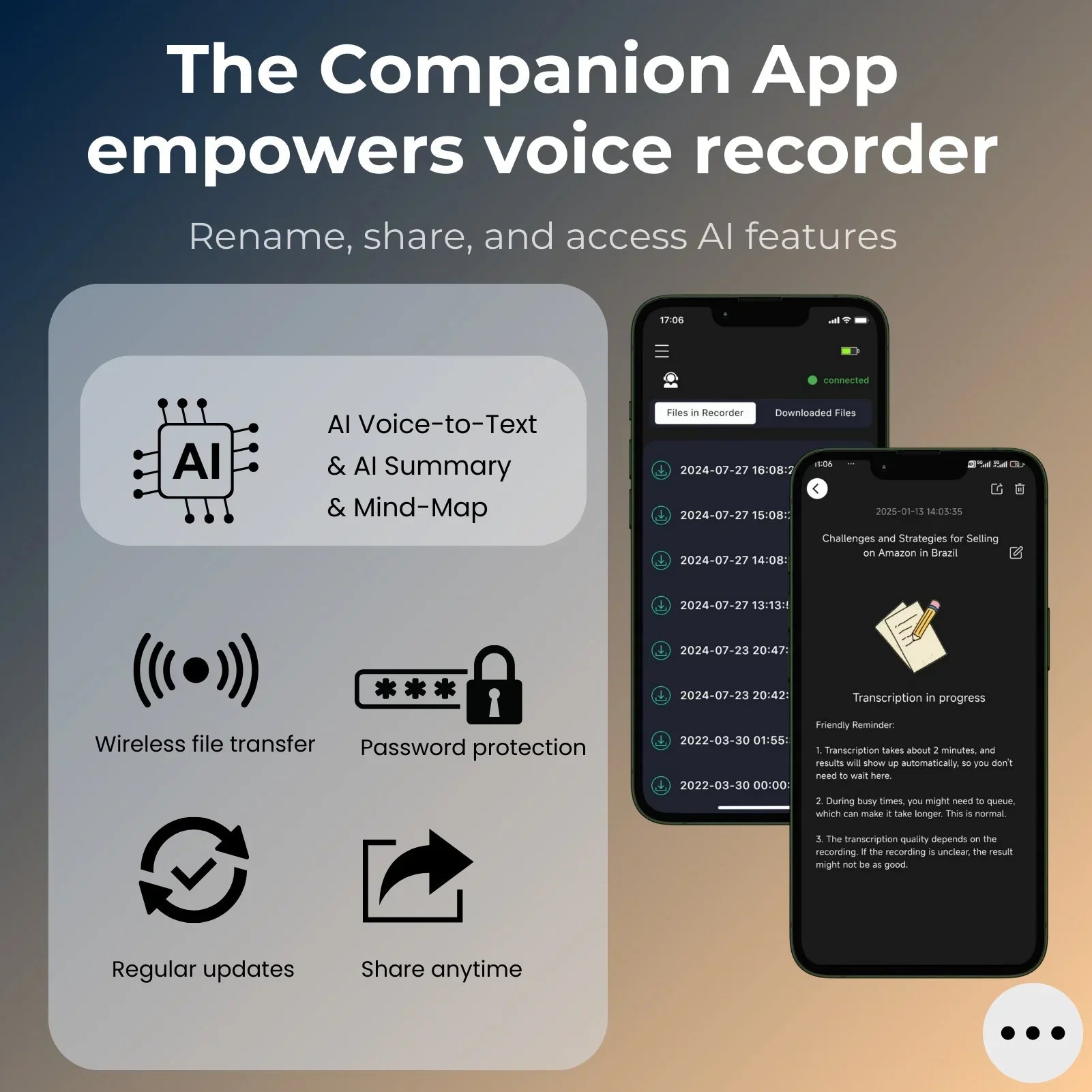 Companion app interface for AI voice recorder with voice-to-text, wireless transfer, and secure file sharing features on smartphone screens.