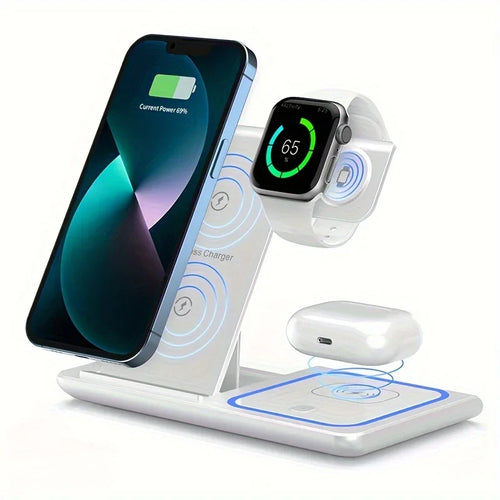 3-in-1 wireless charging station with smartphone, smartwatch, and earbuds charging