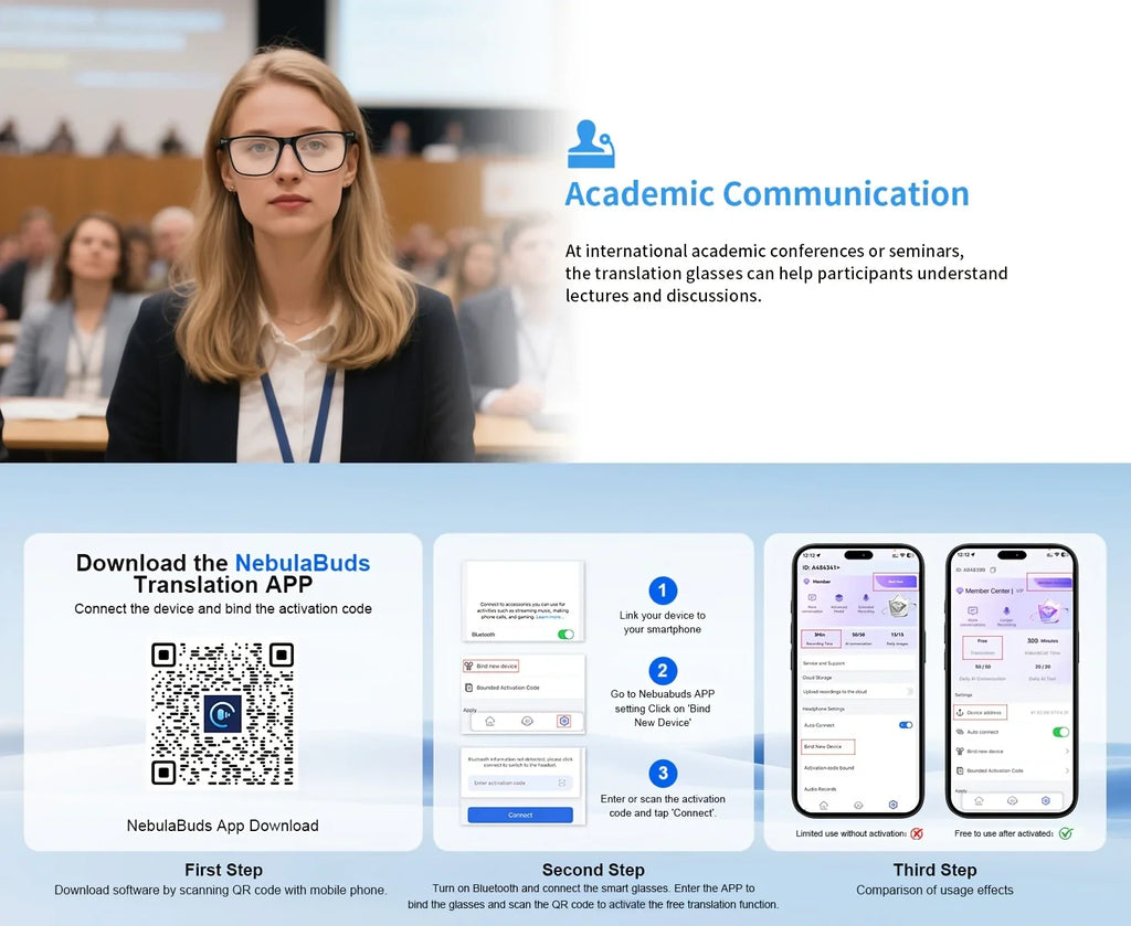Woman wearing smart translation glasses at academic conference, NebulaBuds app QR code and setup steps displayed below.