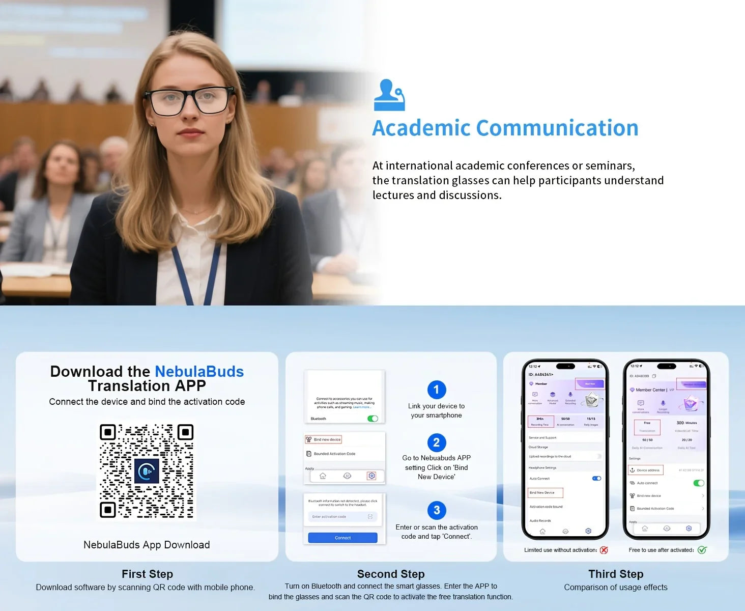 Woman wearing smart translation glasses at academic conference, NebulaBuds app QR code and setup steps displayed below.