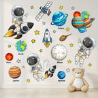 Kids' space wall decals with cartoon astronauts, planets, stars, rocket, and teddy bear decor.