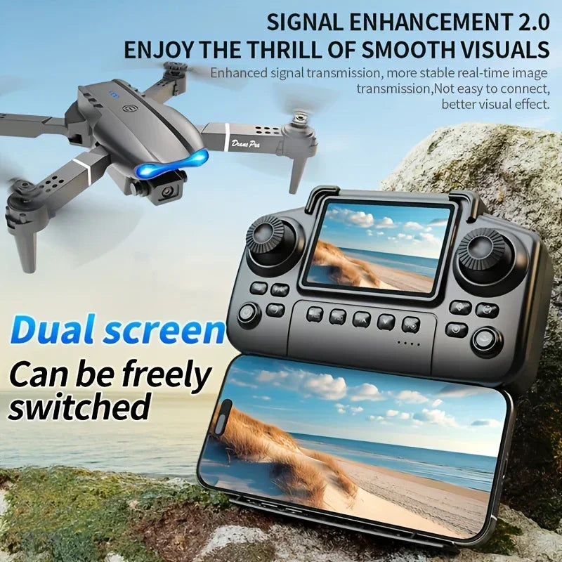 Foldable drone with camera, dual screen controller, and smartphone display on rocky outdoor setting.