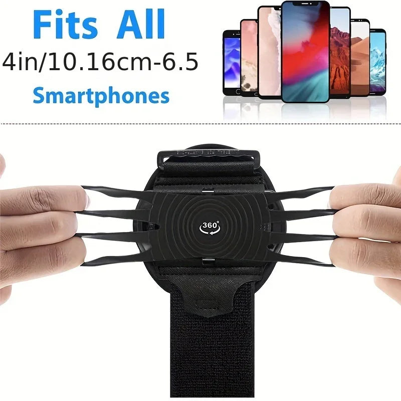 Adjustable universal smartphone armband holder with 360-degree rotation, fits 4-6.5 inch phones.