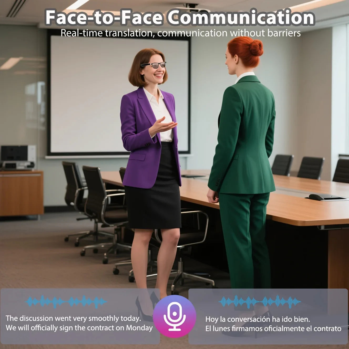 Two businesswomen use smart glasses for real-time translation in an office meeting room.