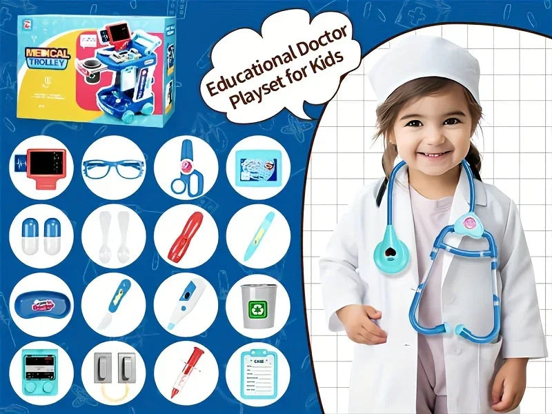 Kid in doctor costume with stethoscope, toy medical kit, and educational doctor playset for kids