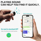 Hand holding smart tracker device and phone with Apple Find My app for easy item location.
