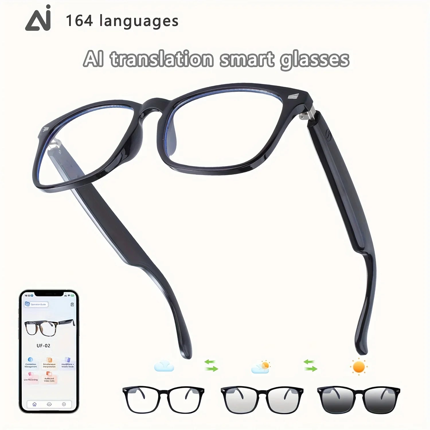 AI translation smart glasses with phone app and lenses adapting to light, 164 languages supported