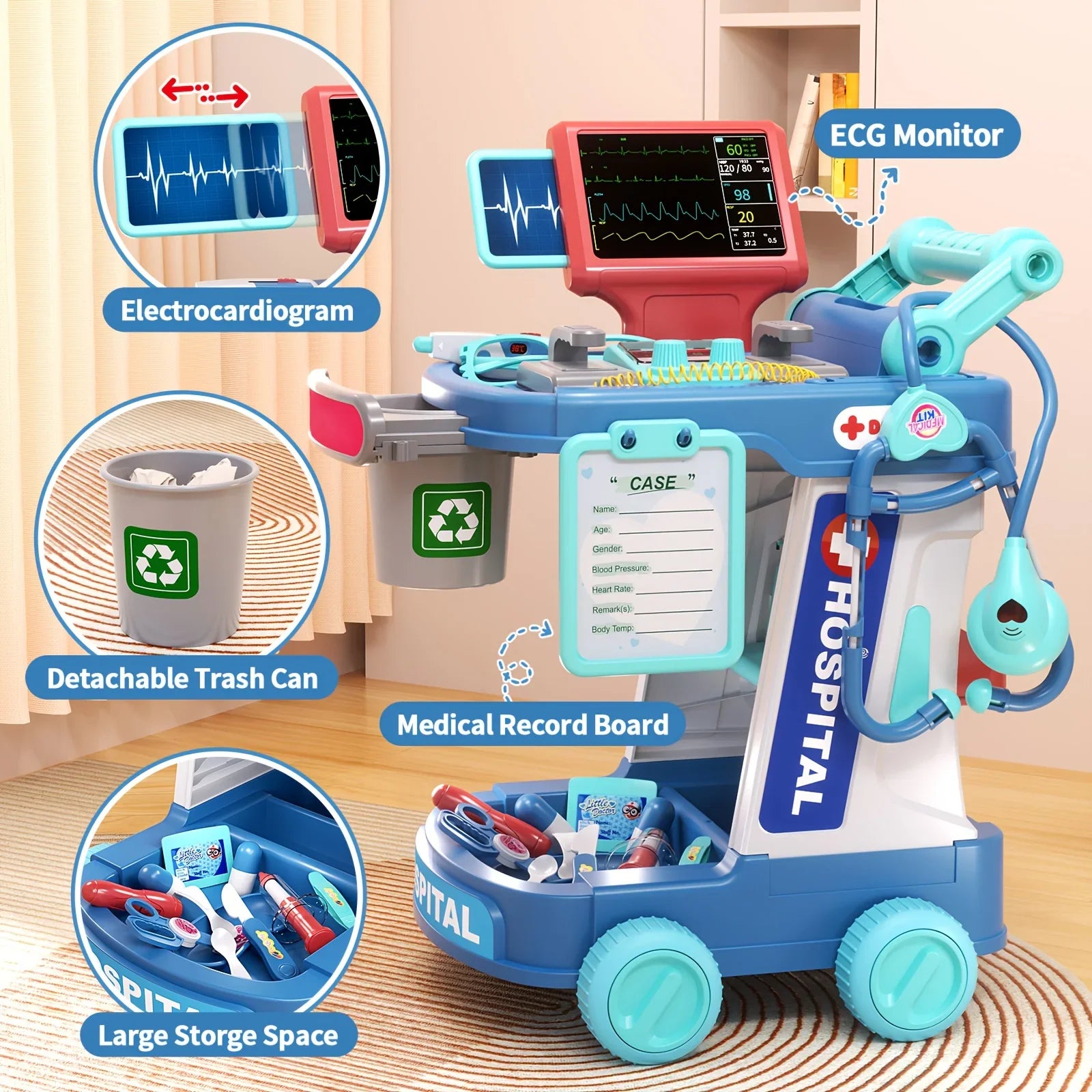 Kids' STEM doctor play set with ECG monitor, medical tools, detachable trash can, and storage.