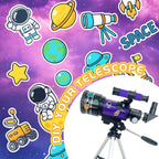 DIY kids telescope with purple body, cartoon space stickers, and space-themed background