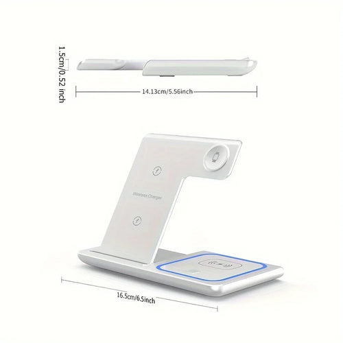 White wireless charging station for devices, shown with dimensions on a plain background.