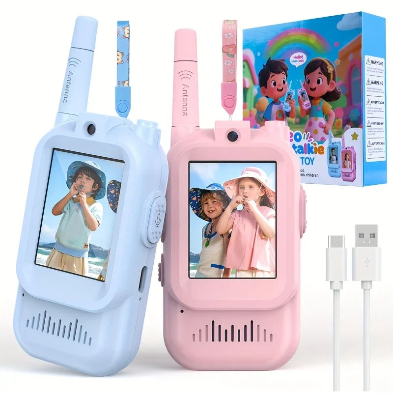 Kids walkie talkies with screens, blue and pink, cartoon packaging and USB charging cables.