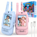 Kids walkie talkies with screens, blue and pink, cartoon packaging and USB charging cables.