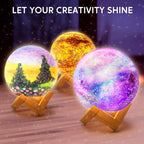 Colorful decorative globe night lights with painted designs on wooden stands, glowing indoors
