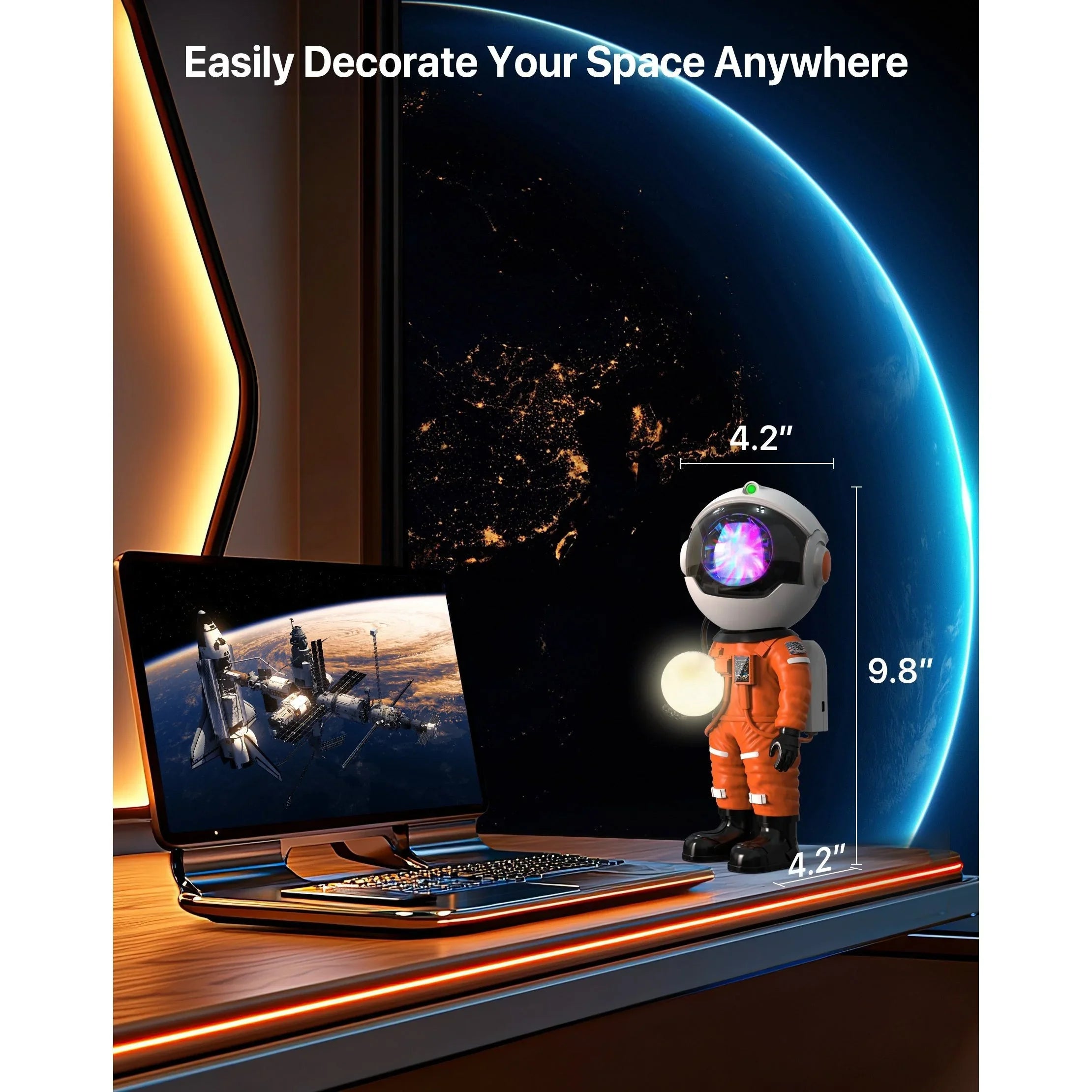 Astronaut LED night light decor on desk beside laptop, space theme, desktop accessory
