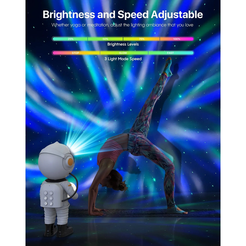 Robot projector displays colorful adjustable lights while woman practices yoga indoors.