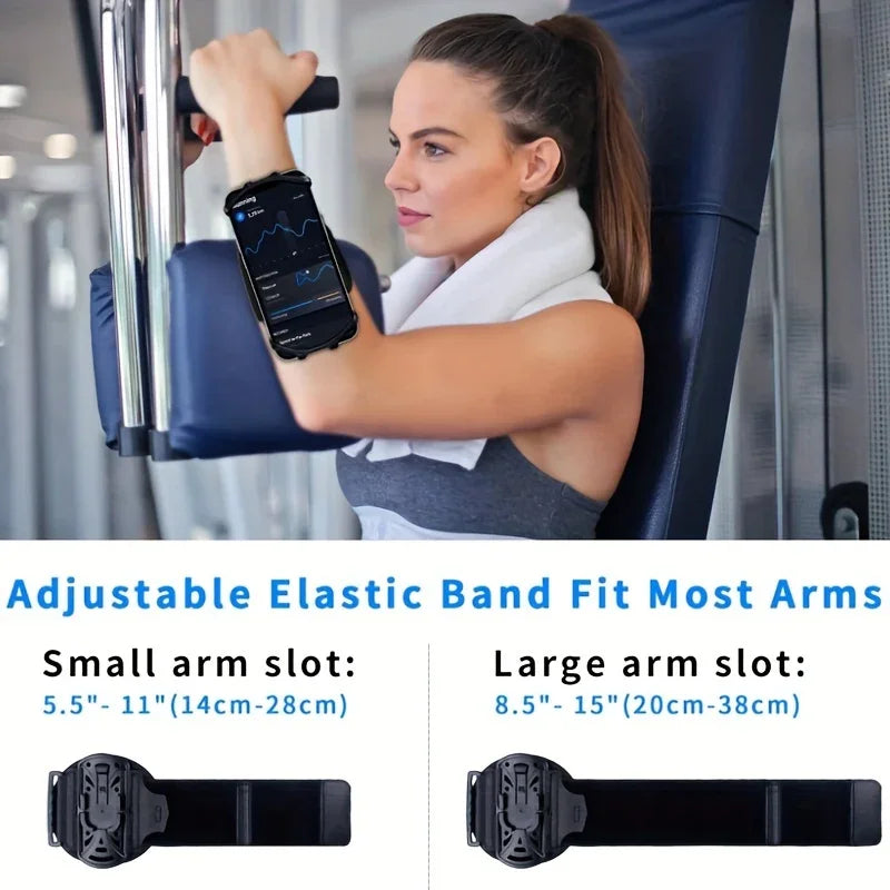 Woman at gym using fitness arm band phone holder, adjustable elastic strap for workouts