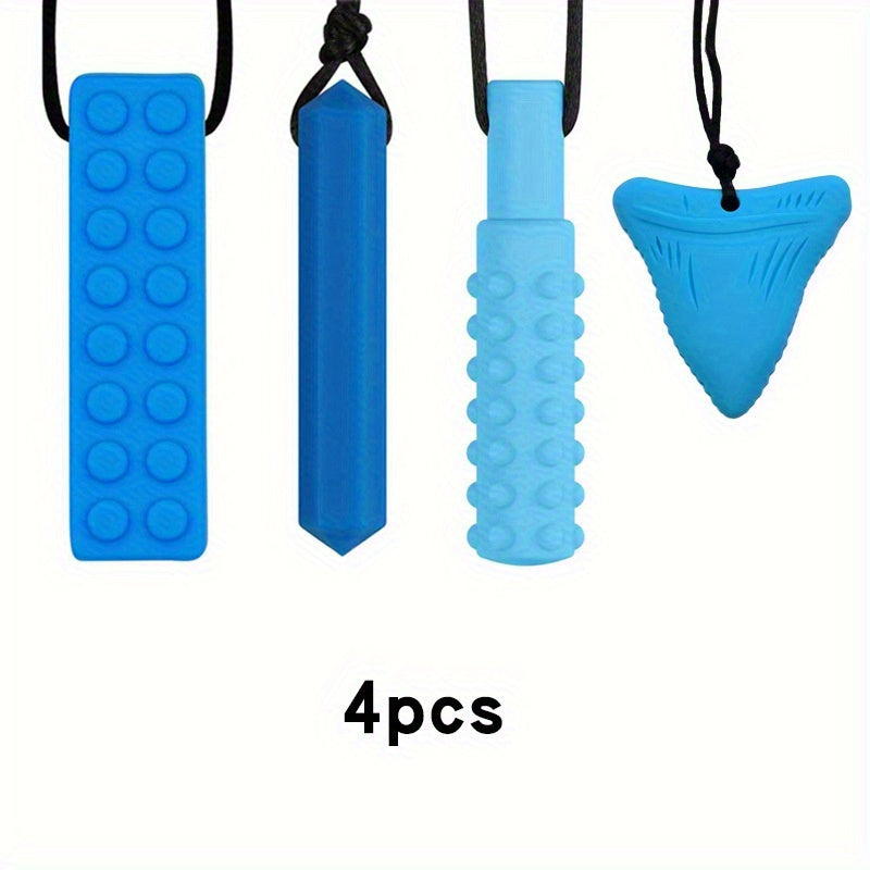 Set of four blue sensory chew necklaces with different textured shapes, 4 pieces