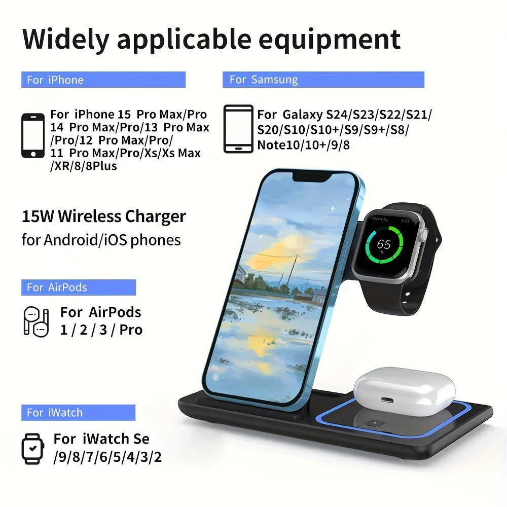 15W wireless charging station for iPhone, Samsung, AirPods, and smartwatches on white background