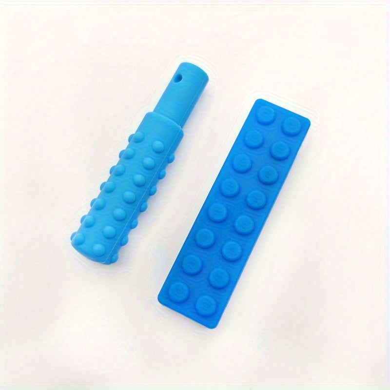 Blue sensory chewable toy and matching textured sensory strip on white background