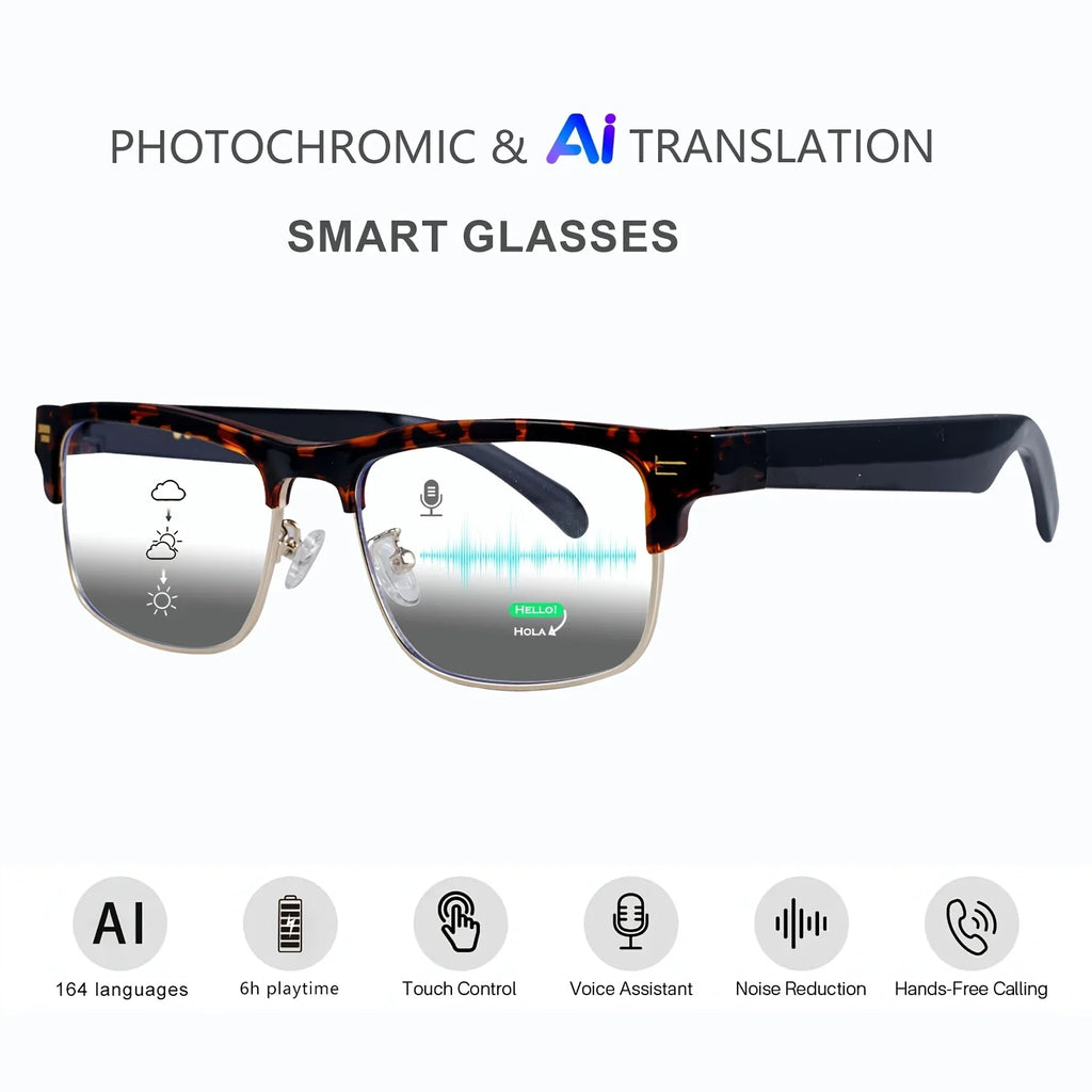 Photochromic AI translation smart glasses with touch control, voice assistant, and noise reduction features.