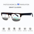 Photochromic AI translation smart glasses with touch control, voice assistant, and noise reduction features.