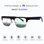 Photochromic AI translation smart glasses with touch control, voice assistant, and noise reduction features.